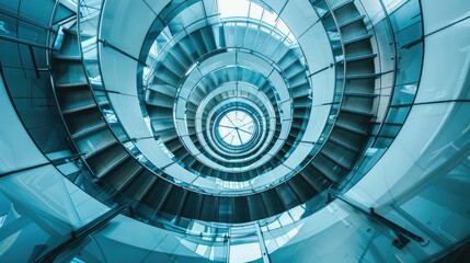 Naklejka premium Spiral staircase inside a modern cylindrical building with glass floors