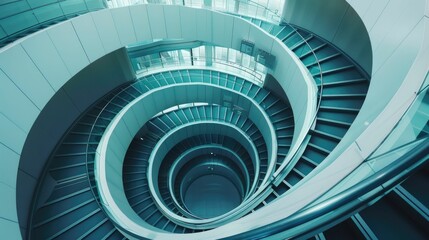 Fototapeta premium Spiral staircase inside a modern cylindrical building with glass floors