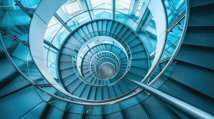 Naklejka premium Spiral staircase inside a modern cylindrical building with glass floors