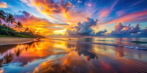 Beautiful sunset over the tropical beach with colorful sky reflected on the calm ocean surface, sunset, beach, tropical, colorful