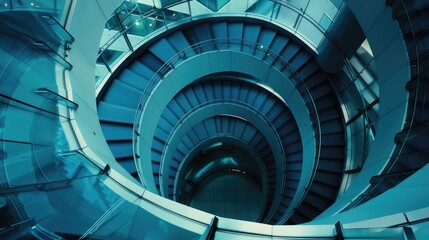 Fototapeta premium Spiral staircase inside a modern cylindrical building with glass floors