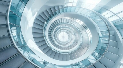 Fototapeta premium Spiral staircase inside a modern cylindrical building with glass floors