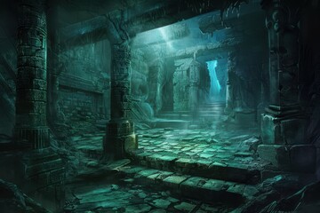 Ancient temple ruins overgrown with exotic plants and mysterious glowing crystals