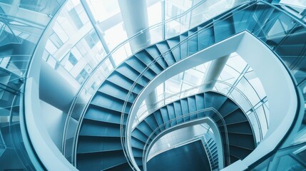 Fototapeta premium Spiral staircase inside a modern cylindrical building with glass floors