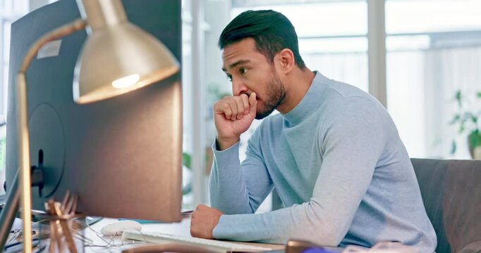 Stressed businessman, trader and investment on computer in burnout, debt or financial pressure at the office. Man investor giving up or loss in finance with headache, depression and anxiety at work