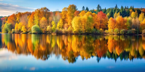 Blurry background of autumn trees reflected in calm lake, autumn, trees, reflection, lake, serene, peaceful, nature, landscape