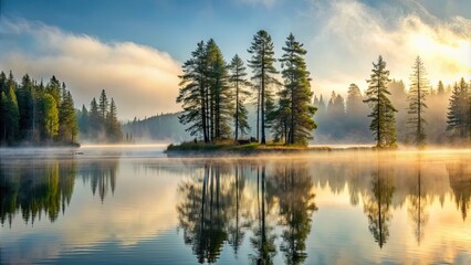 Obraz premium Misty morning on a lake with tall pine trees, mist, morning, lake, fog, misty, calm, reflection, tranquil, serene, pine trees