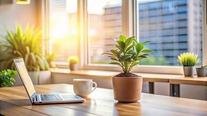 Fototapeta premium Plant on desk with natural light pouring in, creating a serene workspace, plant, desk, photography, green, leaves