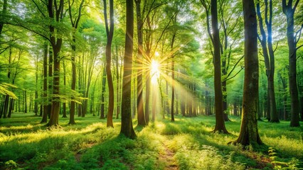 Obraz premium Beautiful sunlight streaming through lush green trees in a serene forest clearing, nature, landscape, scenery, sunbeams