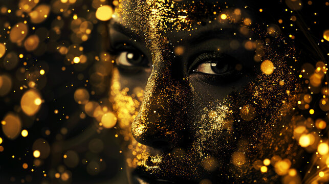 Digital mesh forms the profile of human face with gold splashes