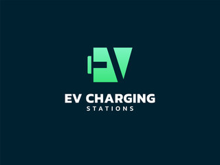 Electric vehicle charging with letter EV overlapping Battery Shape Symbol logo vector design concept. Letter EV logotype symbol for Electric Car, EV station, ui, web, ev business, infographic, energy.