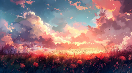 Sunset Sky with Grassy Field