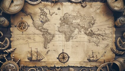 Old vintage pirate map with ships, compass and sea waves.