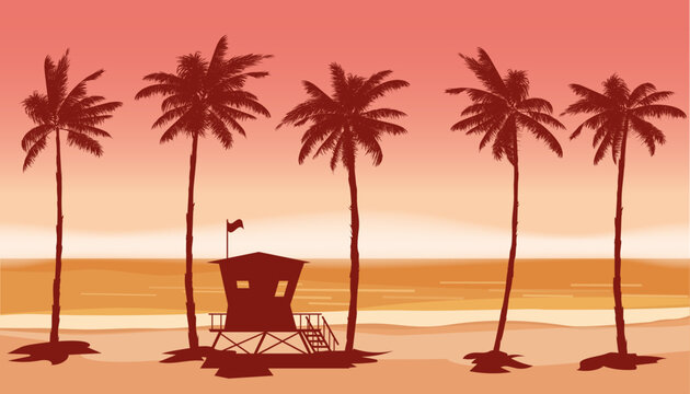 Beach landscape with Lifeguard Tower, Station. Palms, sea, ocean, coast view
