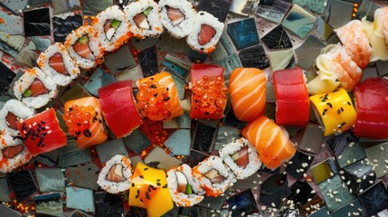 Sushi pieces forming a colorful mosaic pattern
