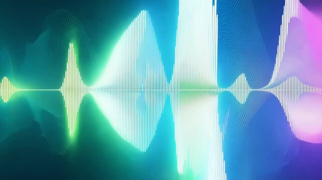 A visualization of sound waves represented as colorful lines and shapes moving and changing in response to the music being played.