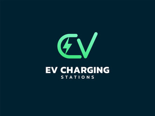 Electric Vehicle Charger letter EV with Lightning Bolt Symbol in letter E logo vector design concept. Letter EV logotype symbol for Electric Car, EV station, Electric Vehicle industry, ui, energy, web