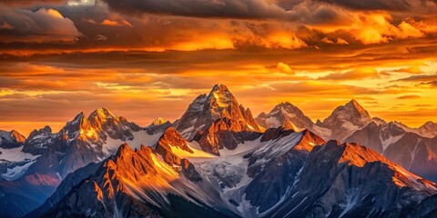 Obraz premium Sunset casting warm glow on the mountain peaks, mountains, sunset, evening, dusk, colorful, serene, nature, majestic