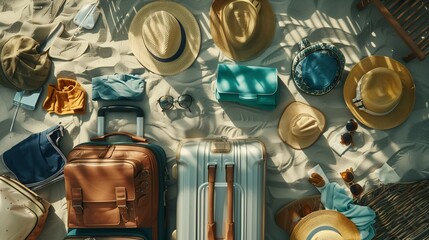 A cheerful summer scene with vibrant luggage, beach gear, hats, sunglasses, and towels for fun!