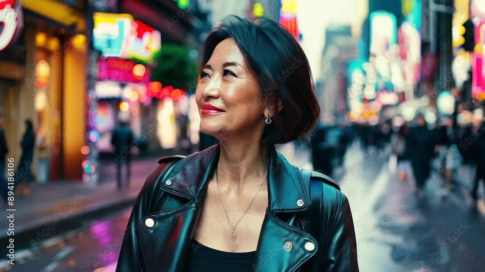 Wall mural Woman walking neon lit city street at night