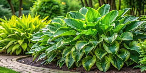 Lush green leaves of a hosta plant bush in a tropical garden setting, green foliage, hosta plant, lush, tropic, garden