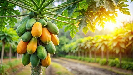 Ripe papaya fruits hanging from tree in garden, papaya, fruits, tree, garden, Washington DC, ripe, fresh, organic