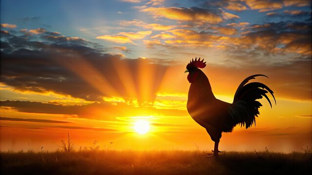 Silhouette of a rooster crowing at sunrise , morning, sunrise, rooster, silhouette, farm, animal, nature, wake-up call, dawn