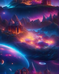 A serene fantasy glowing world with a stunning universe and lush trees, creating a perfect natural scene. Ideal for meditation and enhancing your state of mind. Generative AI.