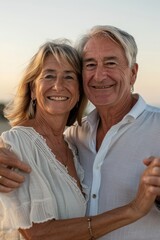Obraz premium Close-up of an elderly couple dancing by the seaside, wearing comfortable clothes, joyful expressions and a scenic ocean backdrop, Portrait close-up, hyper-realistic, high detail, photorealistic,