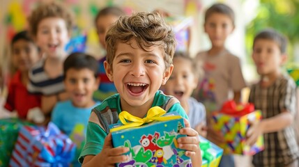 A group of children receiving new clothes and toys from a charity drive, their faces lighting up with joy.