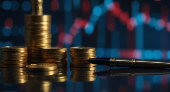 Economy and finance background with money coins , pen, and stocks market graphs in blurry backdrop
