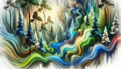Fototapeta premium Abstract Painting of Trees in a Forest with Wavy Lines.