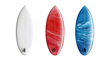 Collection Of Varieties Of Surfboards White Blue And Red For Beach Gear Ads And Marketing isolated on transparent background. Generative ai