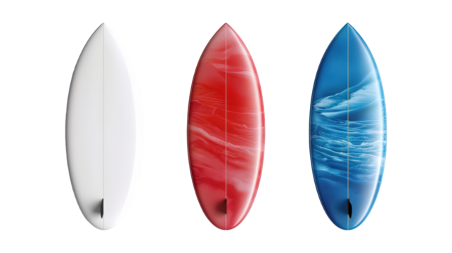 Collection Of Varieties Of Surfboards White Blue And Red For Beach Gear Ads And Marketing isolated on transparent background. Generative ai
