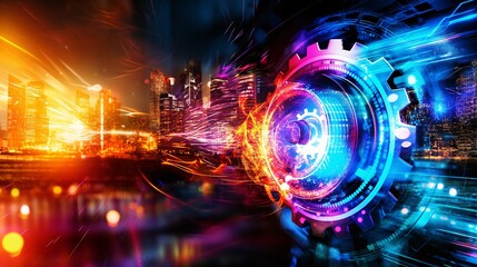Obraz premium Cityscape blended with gears, lightbulbs, and technological icons, vibrant colors and abstract style.