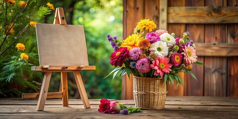 Easel with colorful flowers in a rustic setting, art, painting, blooms, floral, bouquet, vibrant, creative, display, decor