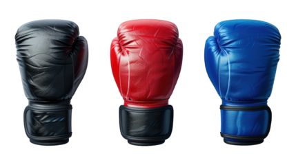 Collection Of Assorted Boxing Gloves Red Black And Blue For Boxing Ads And Marketing isolated on transparent background. Generative ai