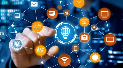 Hand pointing to digital education icons, representing online learning