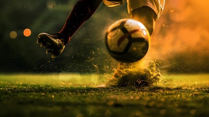 Soccer Kick: A dynamic soccer kick captured mid-strike, the player's leg extended and the ball in motion.