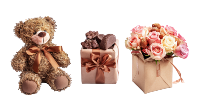 Collection Of Mixed Valentine'S Day Gifts Bouquet Chocolate Box And Teddy Bear For Romantic Celebration Ads And Marketing isolated on transparent background. Generative ai