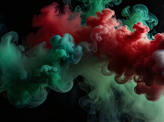 Atmospheric smoke, abstract color background, close-up. Colorful smoke background. White, Green and red colors in black.