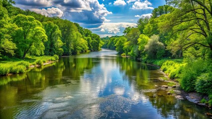 Scenic view of the Seneca River flowing through lush greenery, river, water, nature, scenic, landscape, trees, flowing