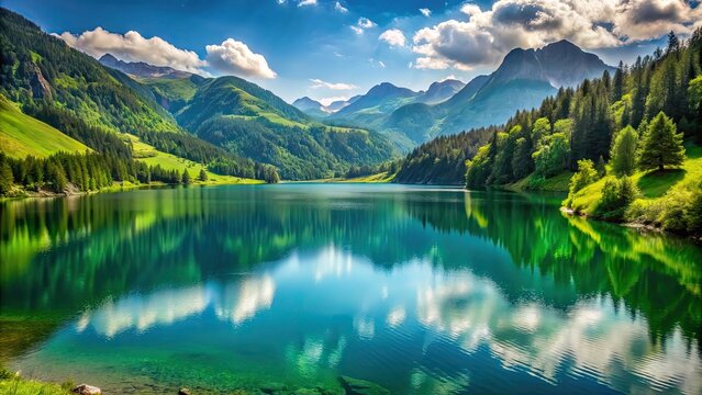 Tranquil lake surrounded by green mountains , Lake Champlain, Vermont, New York, scenic, landscape, water