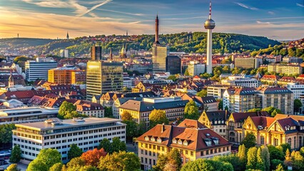 Naklejka premium Cityscape of Stuttgart with iconic landmarks and modern architecture, Stuttgart, Germany, cityscape, skyline, buildings