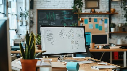 Modern Creative Office Workspace with Computer and Plants