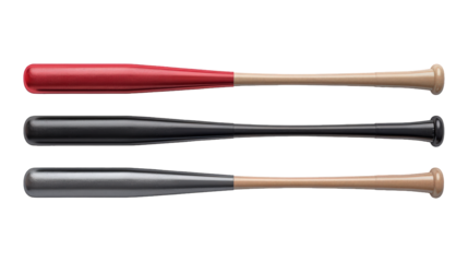 Collection Of Varieties Of Softball Bats Grey Black And Red For Softball Ads And Promotions isolated on transparent background. Generative ai