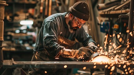 Obraz premium Skilled Metalworker Grinding Metal with Sparks Flying in Workshop