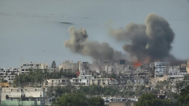 Buildings hit by missiles exploding in a city at war