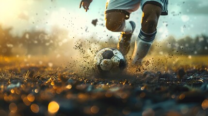 Soccer Kick: A dynamic soccer kick captured mid-strike, the player's leg extended and the ball in motion.