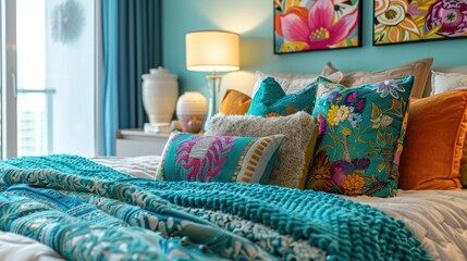 Vibrant bedroom with turquoise-blanketed bed and colorful pillows